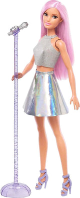 Păpușa Barbie Pop Star îmbrăcată într-o fustă strălucitoare, cu microfon și păr roz, cadou pentru copii de la 3 la 7 ani, JCW42, Dazzling Papusi Naty Shop Roz