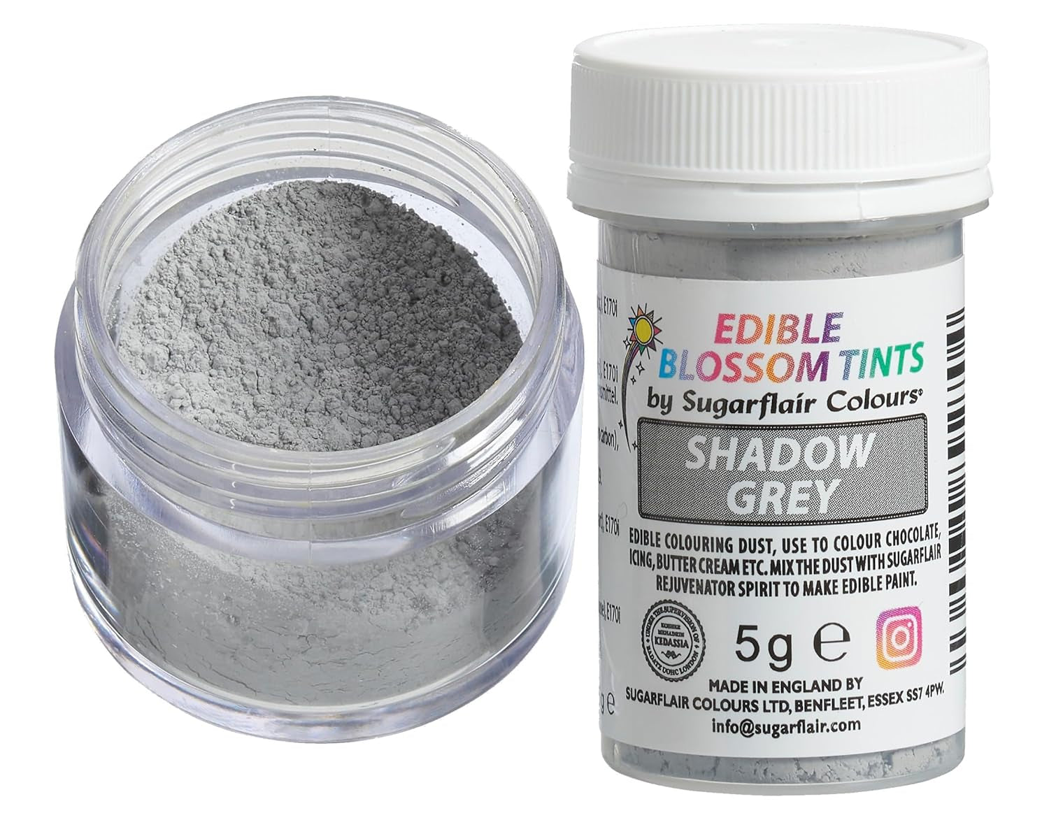 Pudră de colorant alimentar Sugarflair Blossom Tint Dust, gri închis - Pudră de colorant alimentar pentru decoruri de tort, pastă de zahăr, fondant, glazură, ciocolată, cremă de unt, macarons și multe altele - 5G