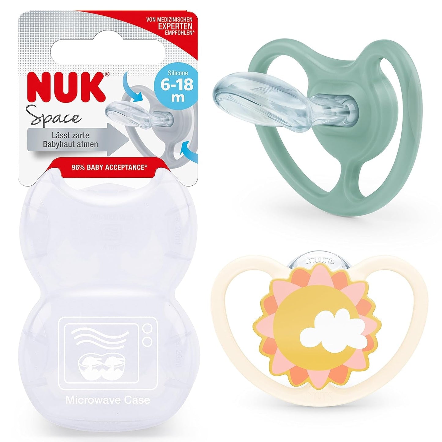 Suzetă NUK Space pentru bebeluși 6-18 luni, suzetă cu deschideri extra mari pentru piele sensibilă, silicon fără BPA, model Zebra, pachet de 2