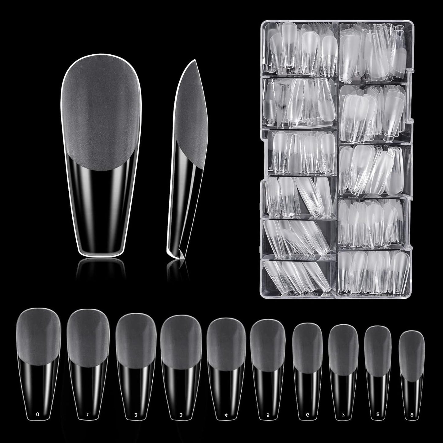 Tipuri de unghii, 500 bucăți de vârfuri de unghii false acrilice artificiale cu cutie de depozitare pentru saloane de unghii și nail art DIY acasă, 10 dimensiuni
