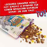 FRECHE FREUNDE KIDS, Bobs & DIKKAs Muesli crocant cu banană și cacao, muesli crocant cu ciocolată pentru copii, conținut scăzut de zahăr, fără aditivi, 100% vegan, 6 bucăți (6 x 280g)