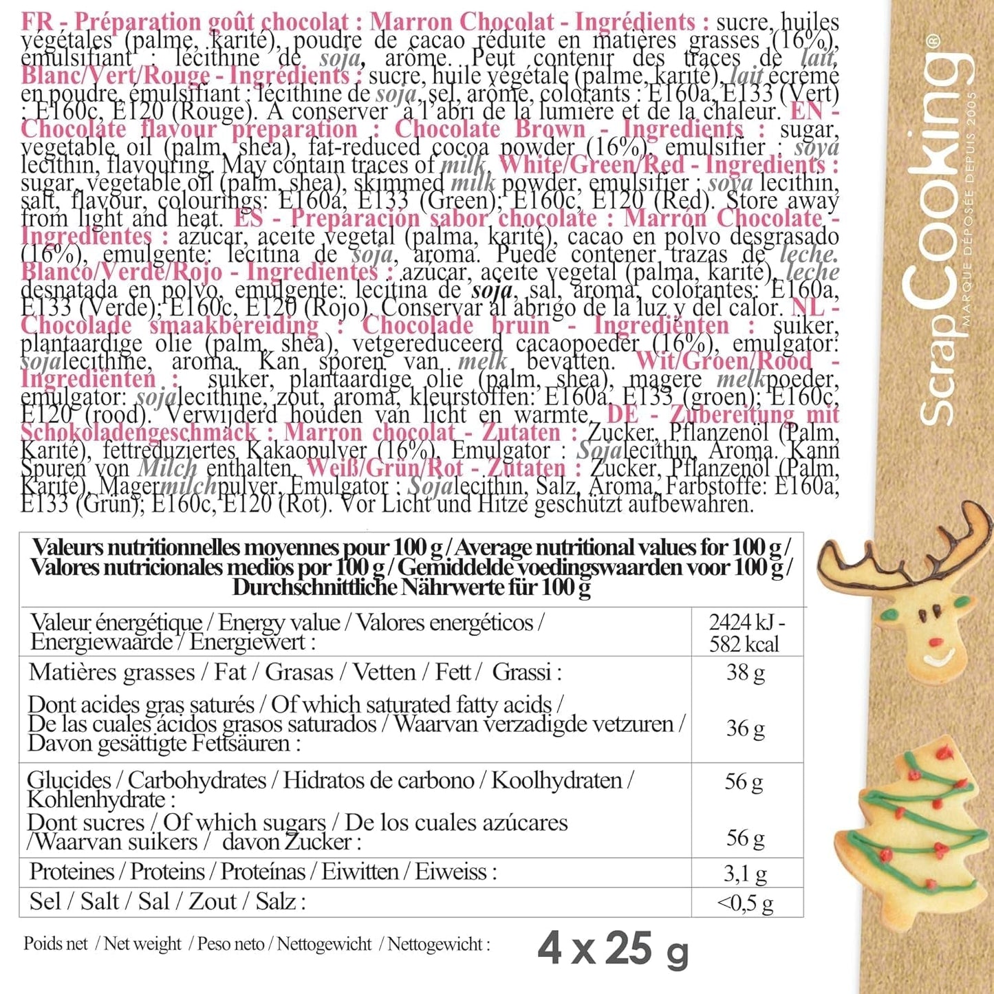 Scrapcooking - Set de 4 creioane colorate de ciocolată de Crăciun - Maro, Alb, Verde și Roșu - Colorant comestibil - Colorant alimentar pentru scris - Scrie și desenează pe deserturi, prăjituri și fursecuri - 7060