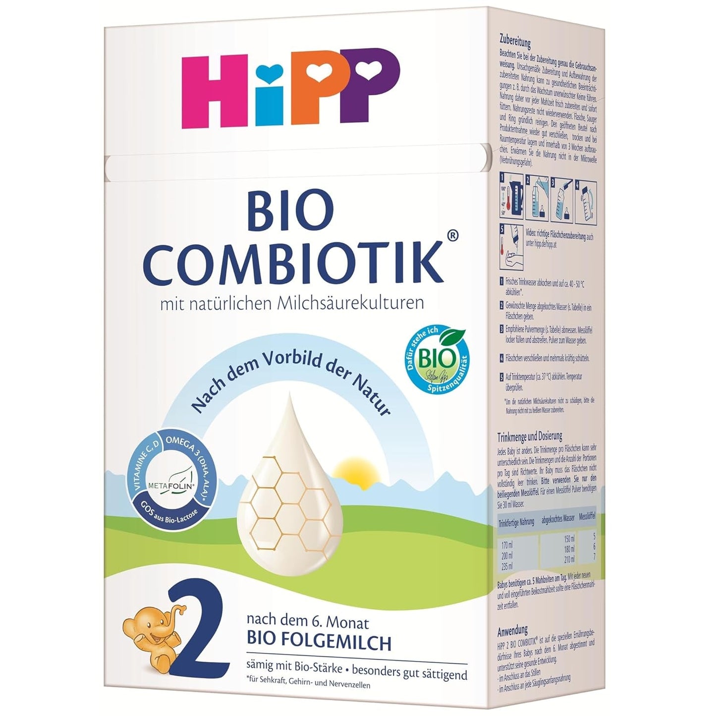 HiPP 2 Organic Combiotik (4 x 600g), lapte de continuare după 6 luni, cu amidon, culturi naturale de acid lactic, GOS, Omega-3 (DHA, ALA), de cea mai bună calitate organică