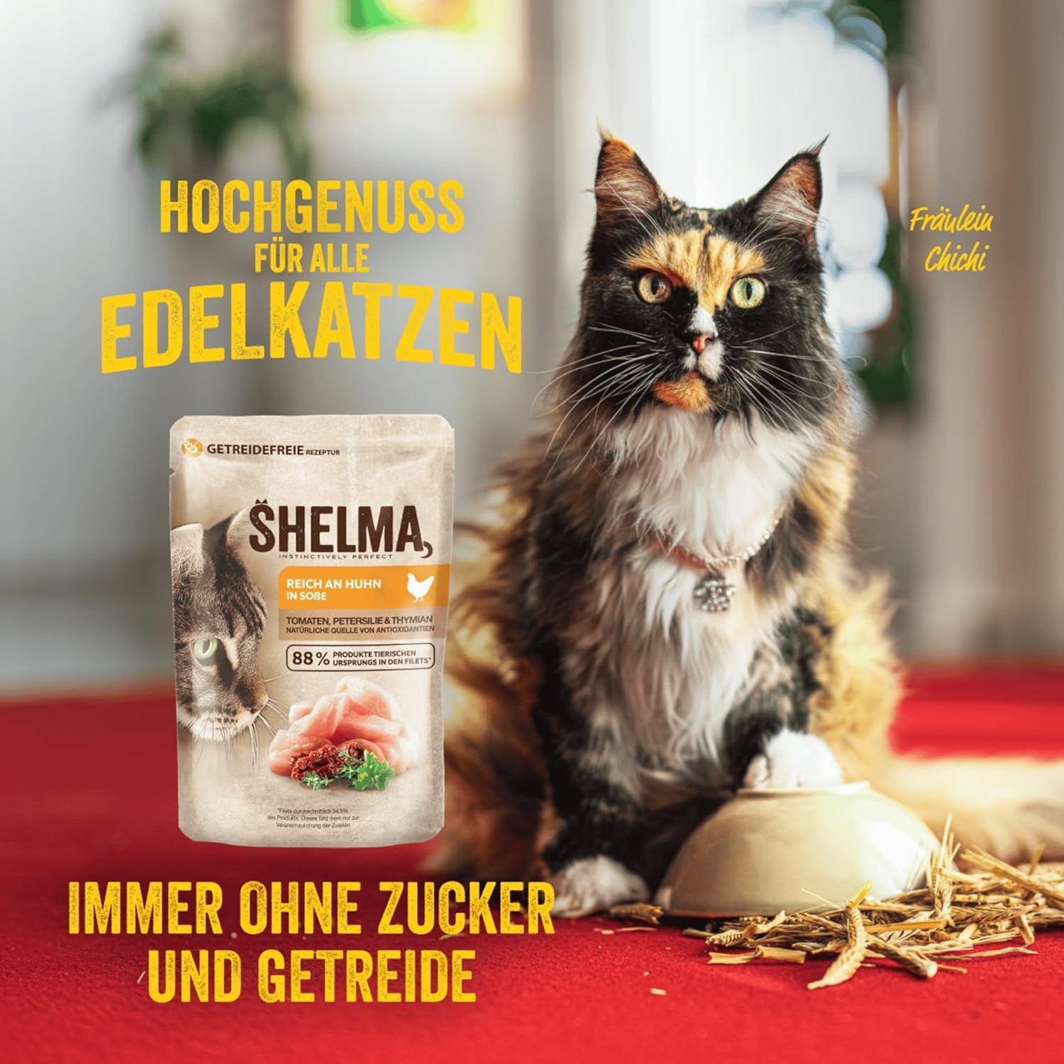Hrană umedă pentru pisici Shelma cu pui în sos cu roșii și ierburi – Hrană completă fără cereale cu conținut ridicat de carne – 28 x 85 g (2,38 kg)