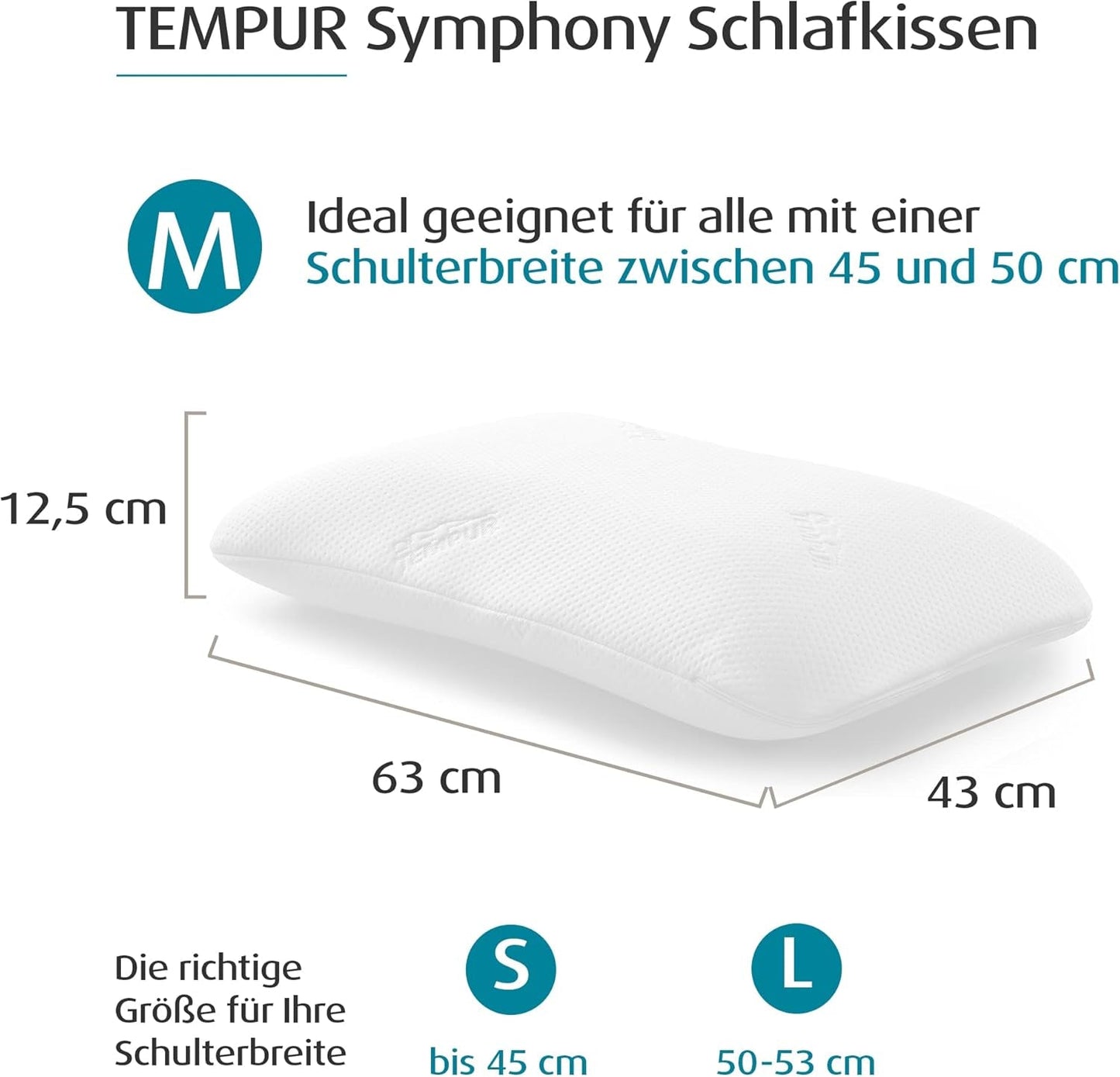 Pernă de dormit TEMPUR Symphony din spumă cu memorie, pernă ergonomică pentru susținerea gâtului, pentru dormitul pe spate și pe o parte, senzație fermă, M (63 x 43 x 12,5 cm), Alb
