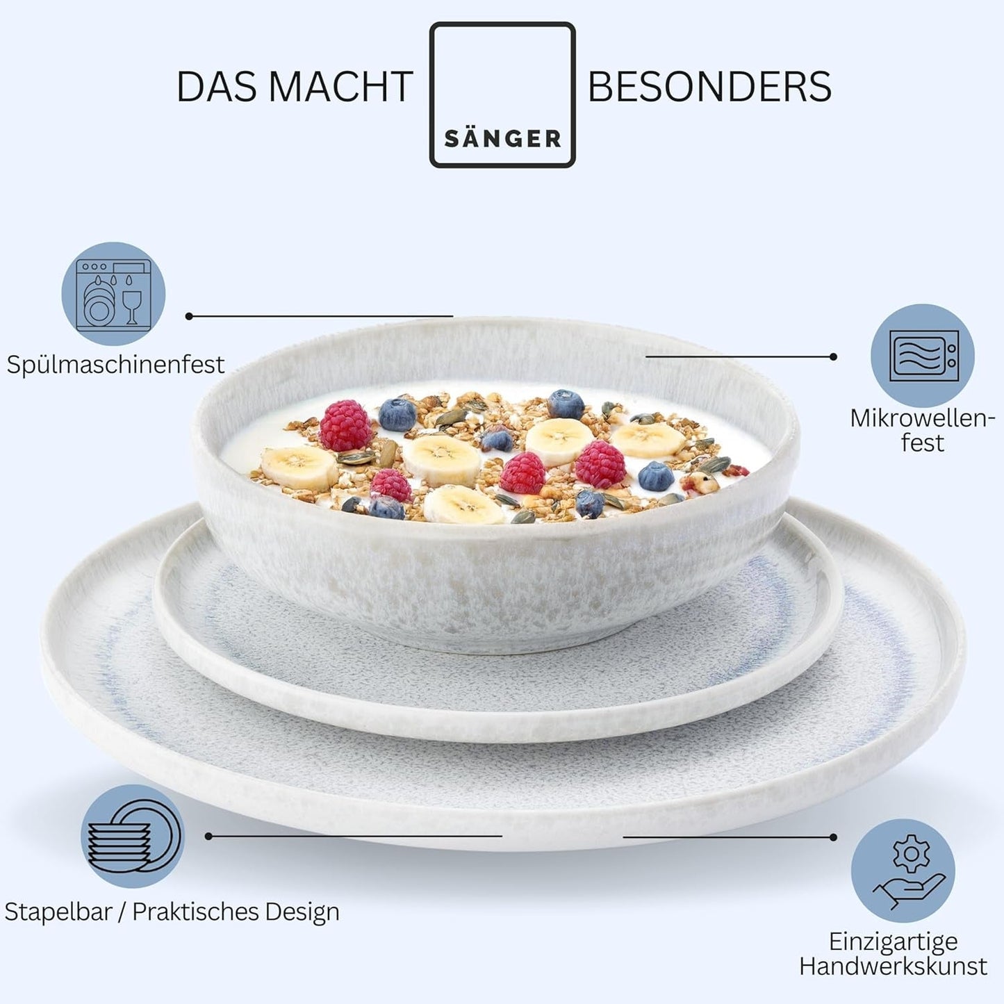 SÄNGER | Set de veselă Santorini cu 12 piese, set de farfurii pentru 4 persoane, evaluat FOARTE BUN, set de veselă din gresie, inclusiv farfurii de cină, farfurii de desert și farfurii de sumă, crem cu gradient liliac-albastru | COLECȚIA PREMIUM