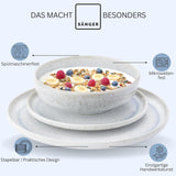 SÄNGER | Set de veselă Santorini cu 12 piese, set de farfurii pentru 4 persoane, evaluat FOARTE BUN, set de veselă din gresie, inclusiv farfurii de cină, farfurii de desert și farfurii de sumă, crem cu gradient liliac-albastru | COLECȚIA PREMIUM