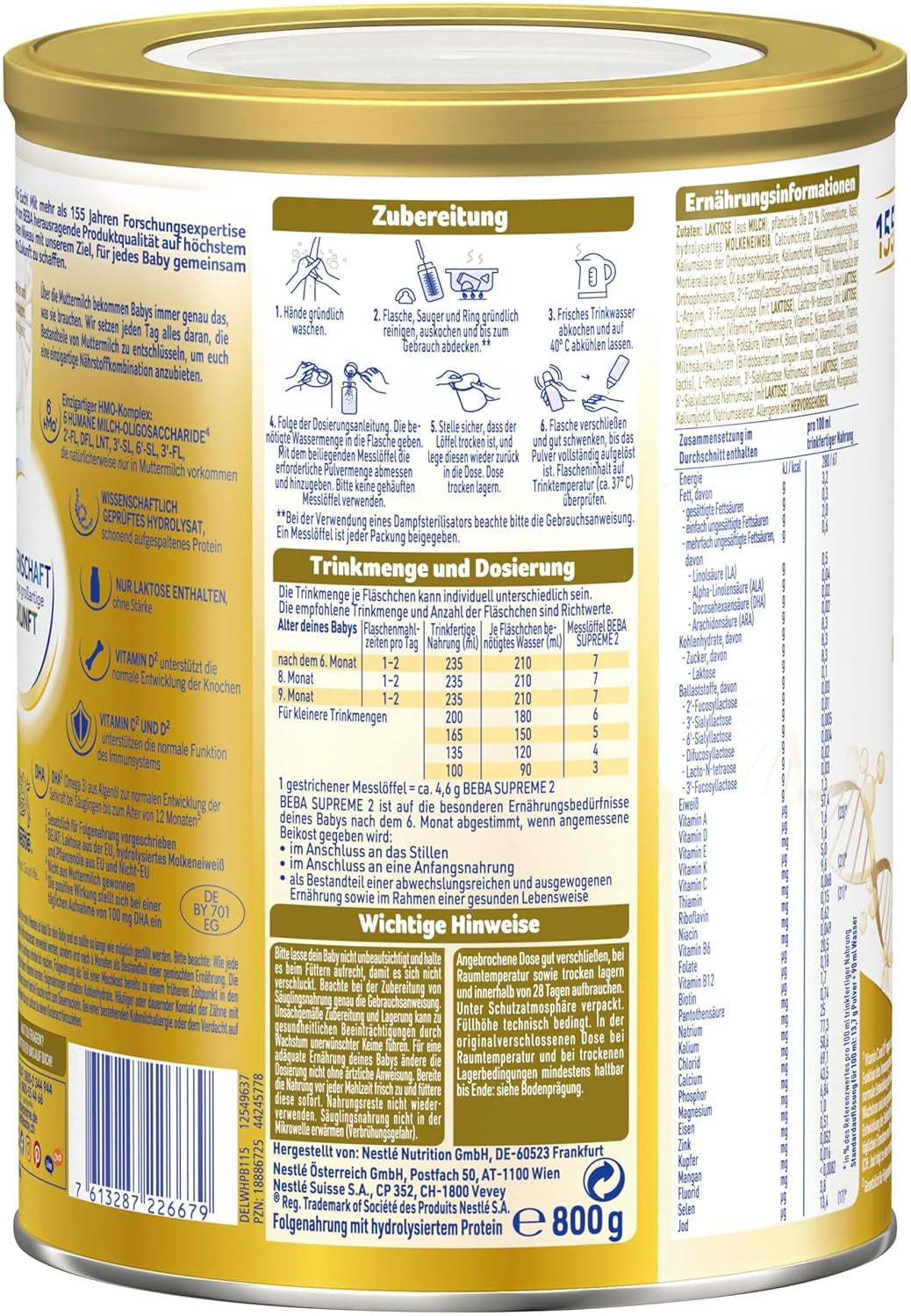 BEBA SUPREME 2 Lapte de continuare după 6 luni, doar lactoză, fără ulei de palmier, pachet de 6 (6 x 800 g) Naty Shop