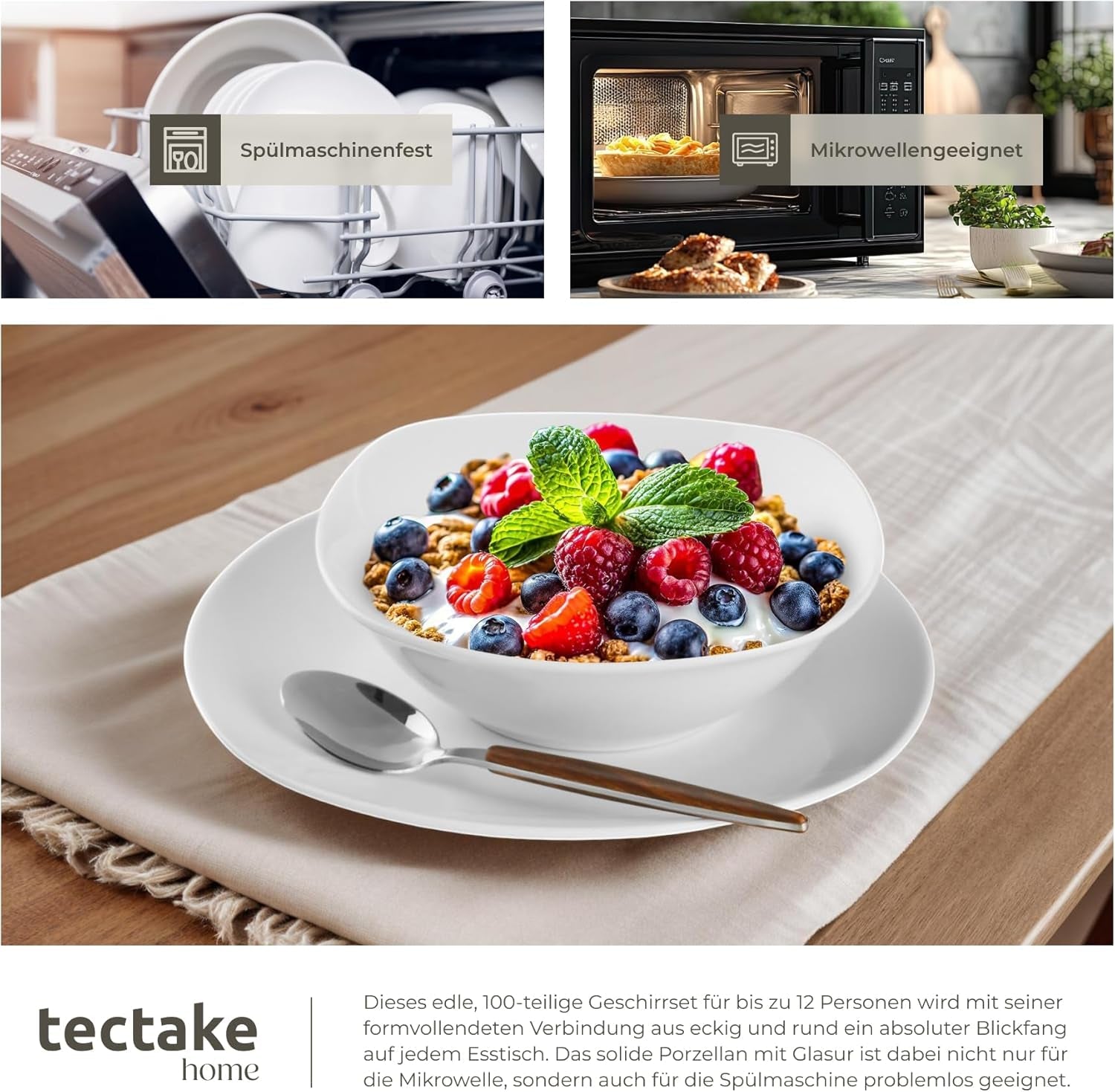 Set de veselă tectake® pentru 12 persoane, set de veselă din porțelan cu 100 de piese, inclusiv 12 farfurii, 12 farfurii de desert, 12 farfurii de sumă, 12 cești, 12 boluri pentru cereale, bol pentru salată, ulcior de lapte, zaharniță