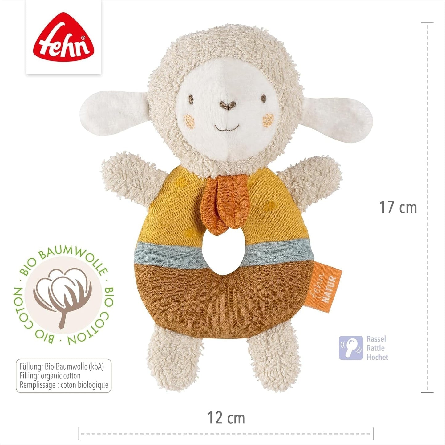 Fehn baby inel de prindere jucărie oaie fehnNATUR - jucărie de pluș cu bumbac organic - jucărie pentru copii cu clopoțel și jucărie pentru învățare jucăușă - jucărie de prindere pentru bebeluși și copii mici de la 0+ luni Jucarii Bebe Naty Shop