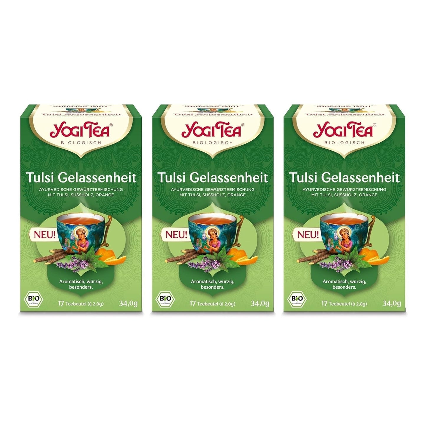 Yogi Tea - Tulsi Serenity, ceai ayurvedic din plante bio, fără cofeină din natură, amestec de tulsi - busuioc „sfânt”, lemn dulce și portocală, Yogi Tea pachet de 3, 3X17 pliculețe (51 pliculețe de ceai)