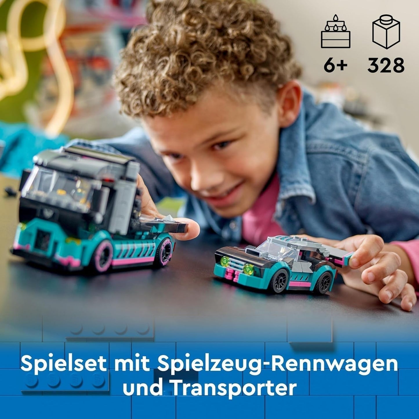 LEGO City Car Transporter cu mașină de curse, camion jucărie cu rampă de încărcare reglabilă și mașină de curse, set de construcție cu 2 minifigurine, șofer de curse și șofer de camion, copii de peste 6 ani 60406 Seturi de constructie Besuche den LEGO-Store
