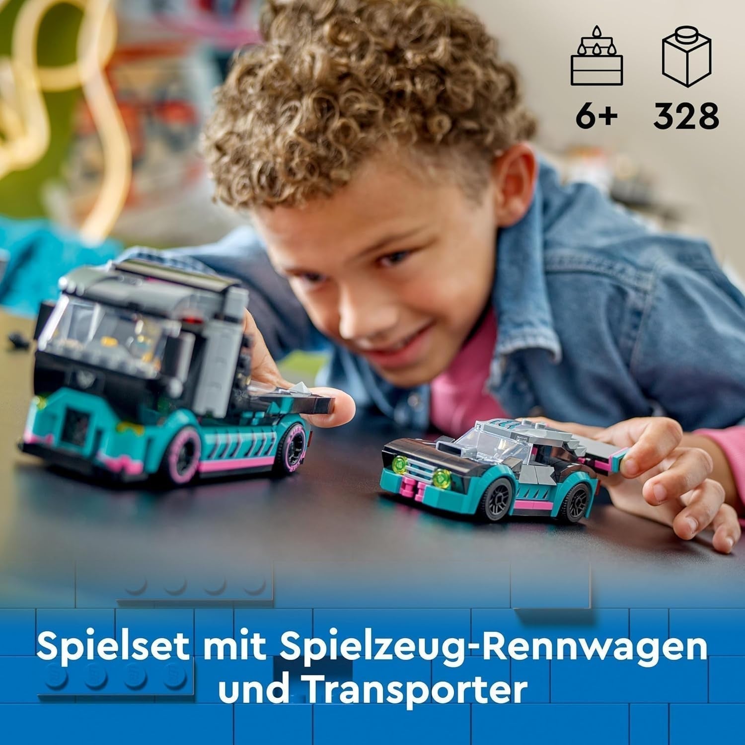 LEGO City Car Transporter cu mașină de curse, camion jucărie cu rampă de încărcare reglabilă și mașină de curse, set de construcție cu 2 minifigurine, șofer de curse și șofer de camion, copii de peste 6 ani 60406 Seturi de constructie Besuche den LEGO-Store