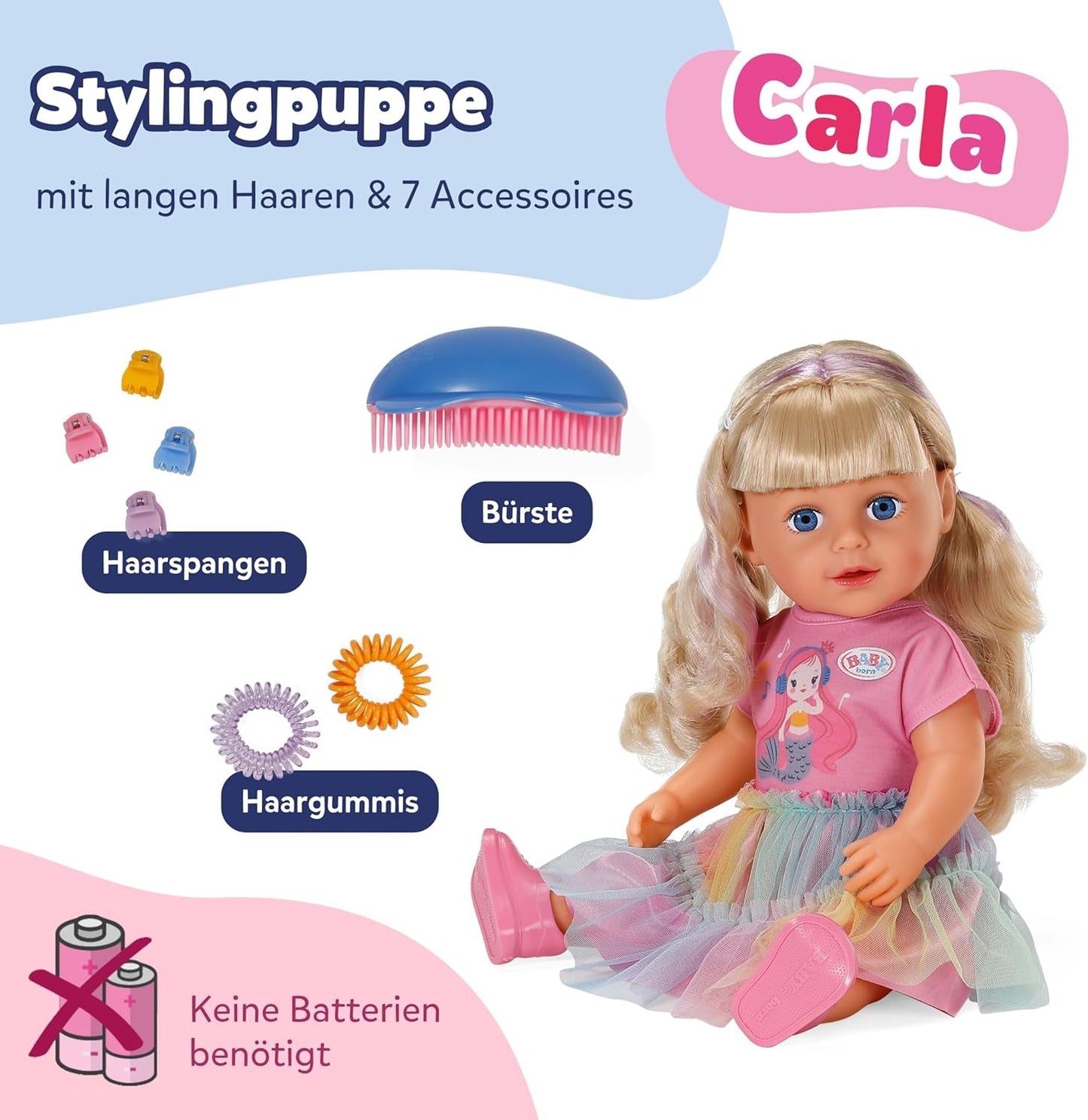 BABY born Carla - păpușă de 43 cm - păr blond de înaltă calitate cu șuvițe - nu necesită baterii - potrivită pentru copii de la 4 ani în sus - include 7 accesorii, roz