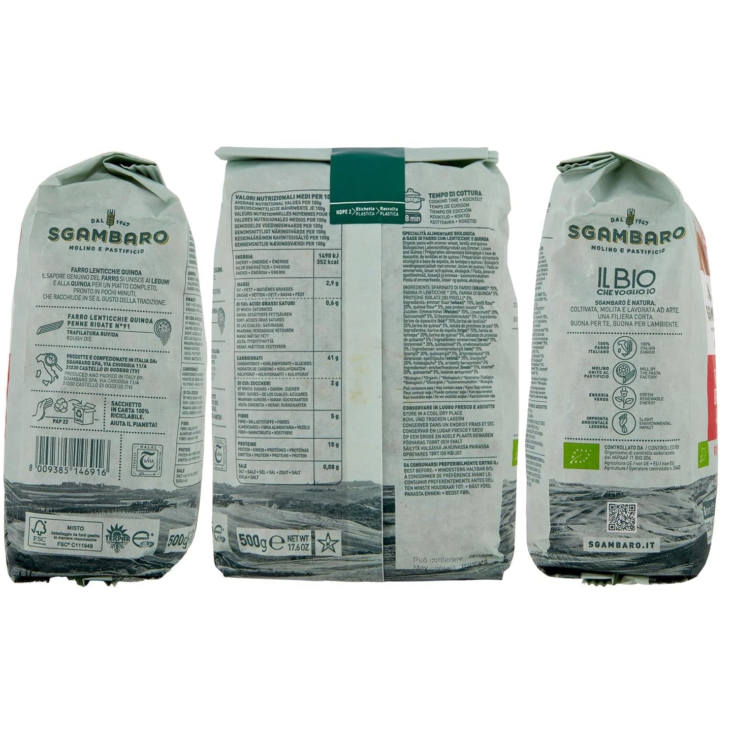 Paste Penne Rigate Organice N.91 - 500g cu făină de spelta, făină de linte și făină de quinoa – Bogate în proteine, sursă de fibre și proteine