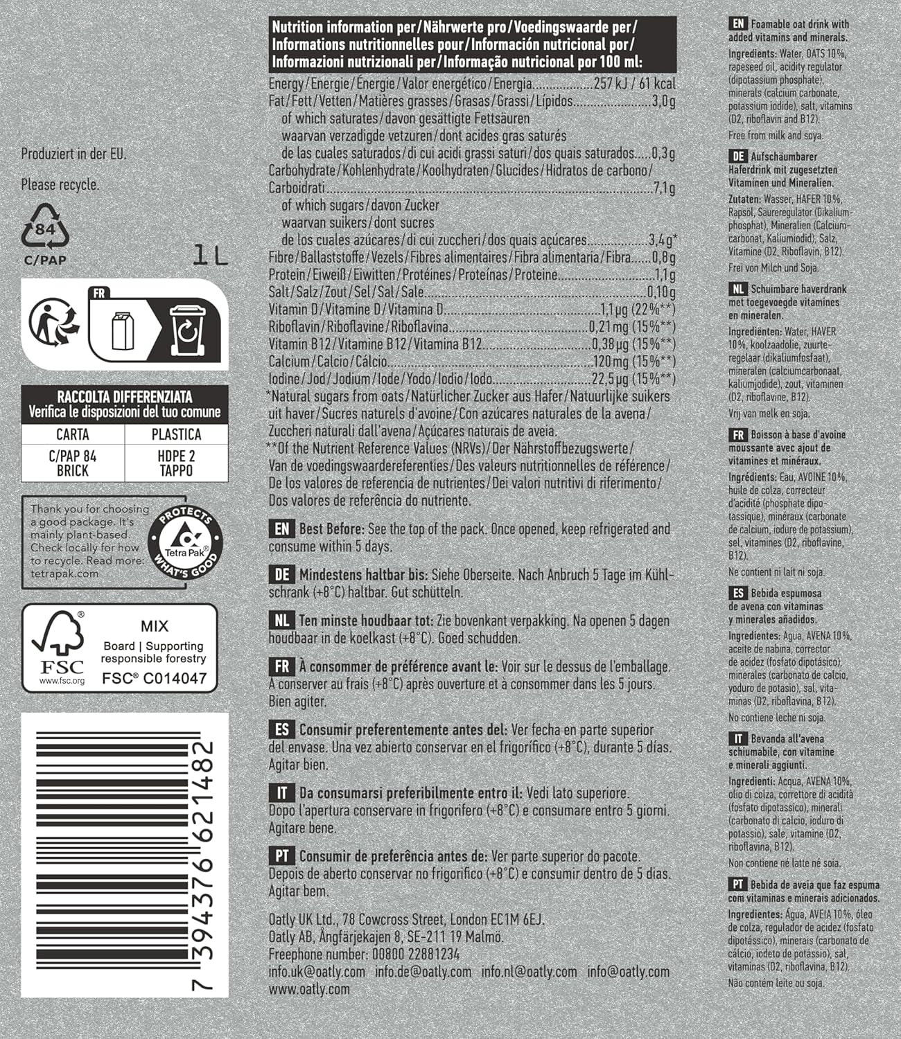 Oatly Barista Haferdrink Barista Edition, Long Life 1 Litre (6er Pack)