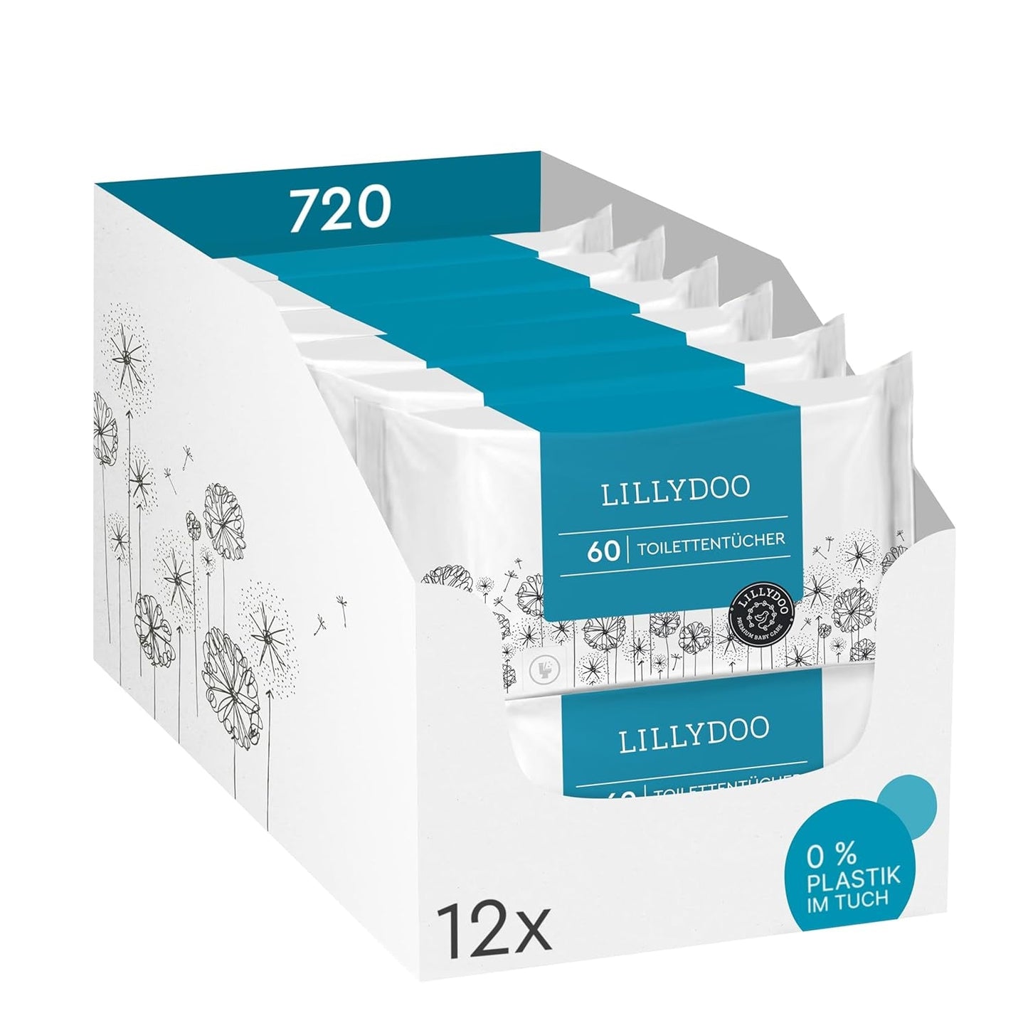 Șervețele umede pentru toaletă LILLYDOO, 720 bucăți (12 x 60), șervețele 100% fără plastic, de aruncat la toaletă, fără parfum