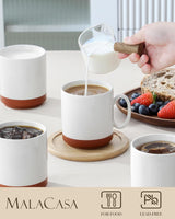 Set de căni de cafea MALACASA, set de cești din gresie 350 ml pentru 4 persoane, cești de cafea moderne pentru ceai, suc, latte, cappuccino, ciocolată caldă. Se poate spăla în mașina de spălat vase și la cuptorul cu microunde, seria TARA, alb kaki
