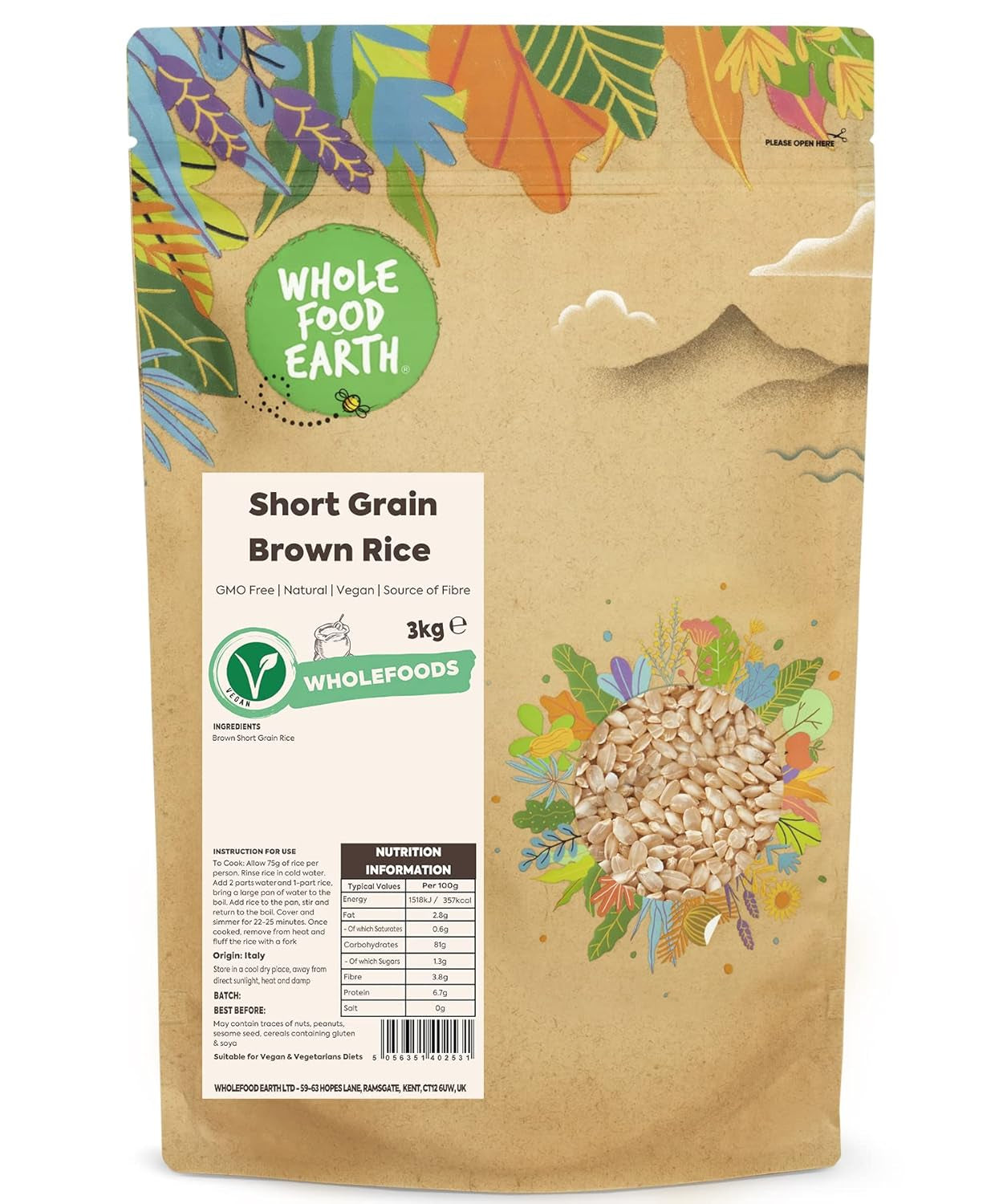 Orez brun cu bob scurt Wholefood Earth - fără OMG - natural - vegan - fără lactate - fără zahăr adăugat, 3 kg