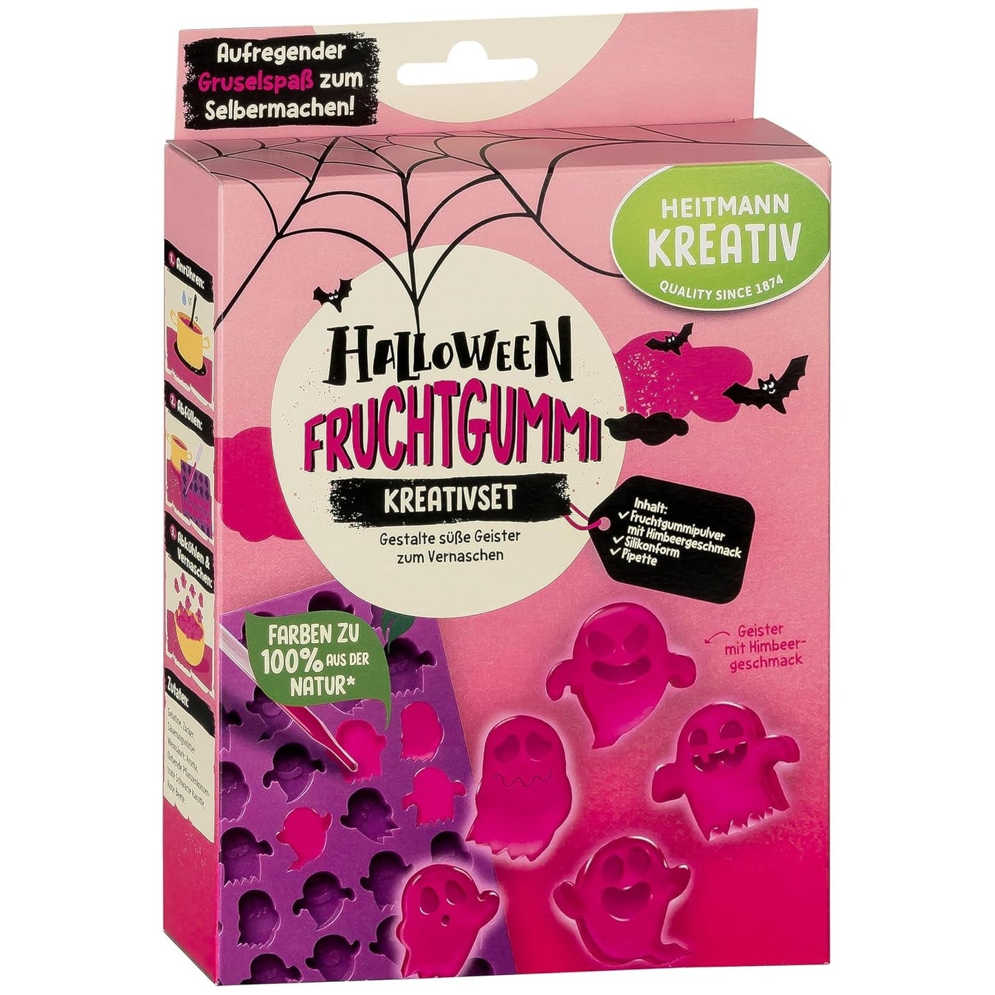 HEITMANN KREATIV - Set creativ de gumă de mestecat cu fructe de Halloween - Coloranți pudră pe bază de plante - Roz - Gume de mestecat cu fructe DIY în formă de fantomă și aromă de zmeură