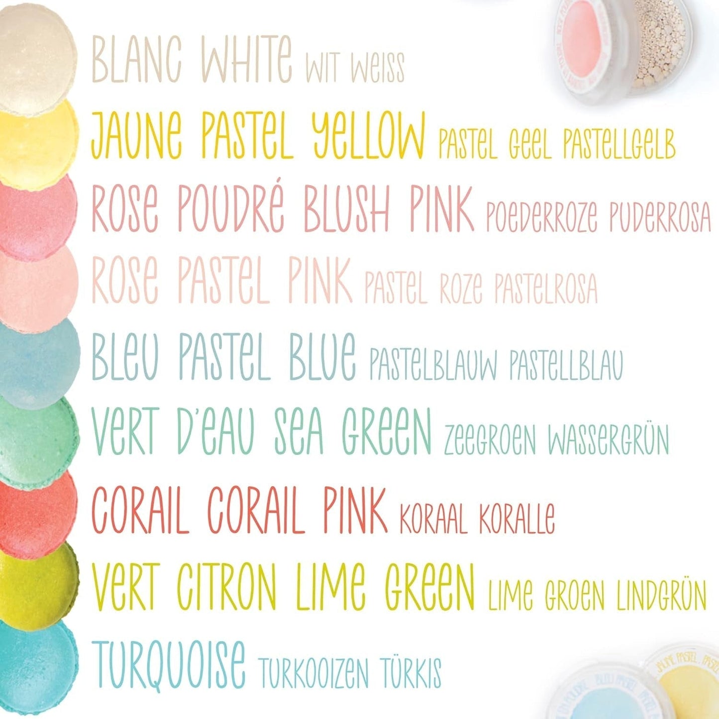 Scrapcooking - Set 9 coloranți alimentari pastel - Albastru, Galben, Coral, Roz, Turcoaz, Verde Lămâie, Alb, Verde Aqua, Roz pudră - Pudră colorantă comestibilă pentru prăjituri, brioșe, macarons - 4272