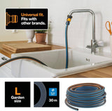 Furtun de apă Fiskars L, protecție UV, testat la presiune, nivel de rigiditate torsională 4 (din 5), 30 m, Ø 1,3 cm (1/2"), 4,2 kg, Negru/Portocaliu/Albastru, 1027105