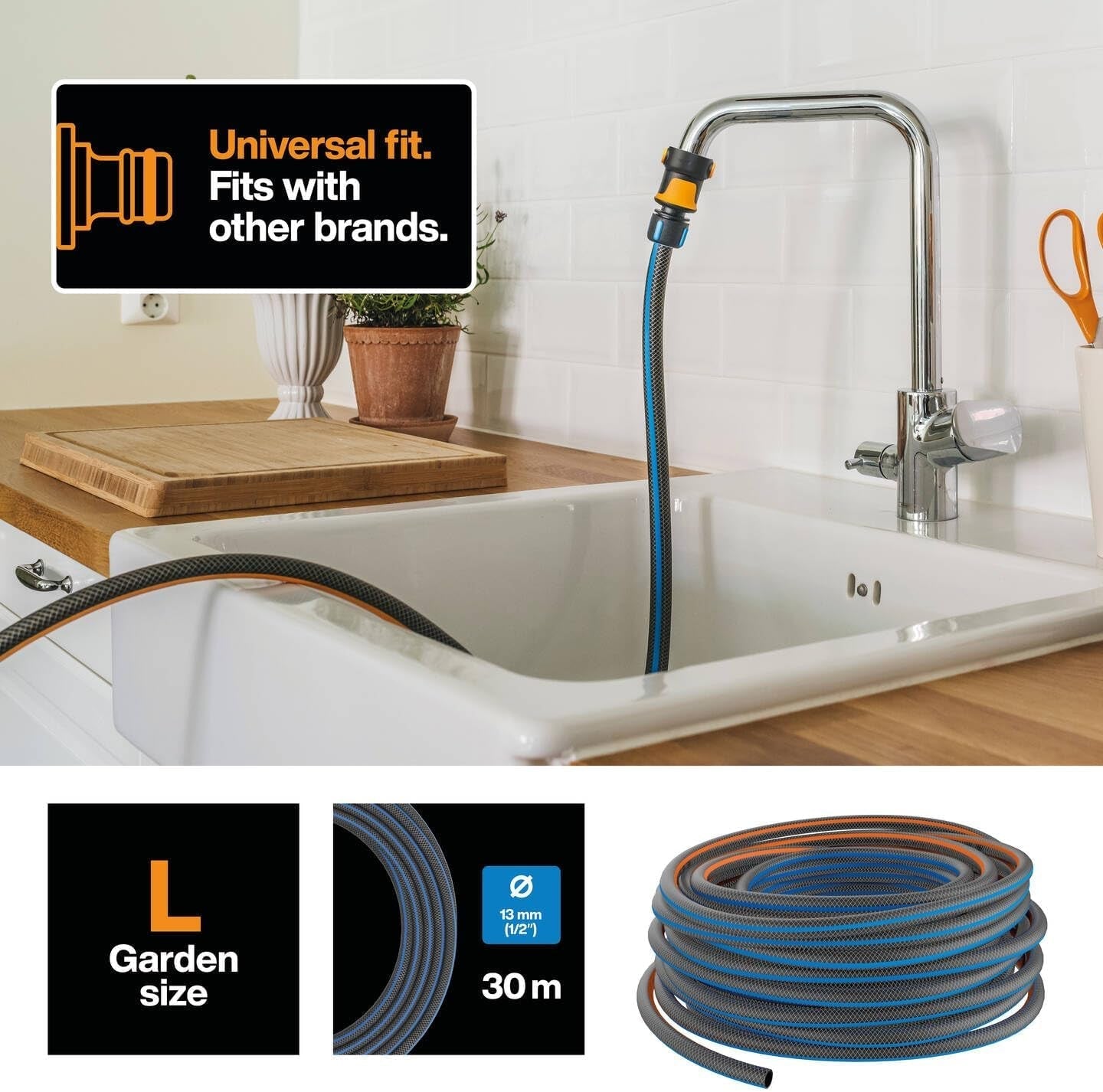 Furtun de apă Fiskars L, protecție UV, testat la presiune, nivel de rigiditate torsională 4 (din 5), 30 m, Ø 1,3 cm (1/2"), 4,2 kg, Negru/Portocaliu/Albastru, 1027105