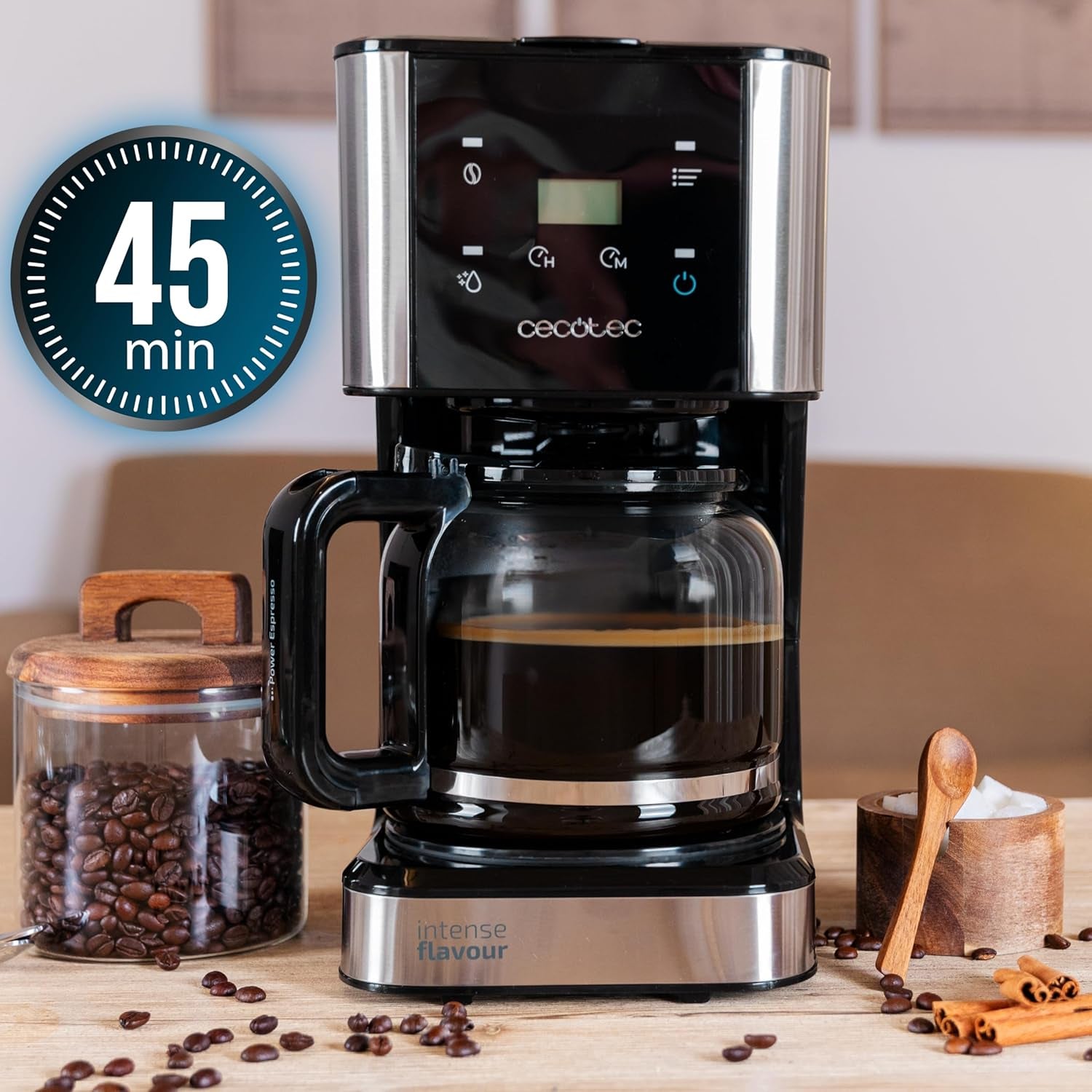 Espressor cu filtru Cecotec Coffee 66 Drop and Touch, putere 950 W, 1,5 L, 12 cești, ecran tactil, carafă din sticlă, cronometru 24 de ore, 6 comutatoare, filtru reutilizabil tip plasă