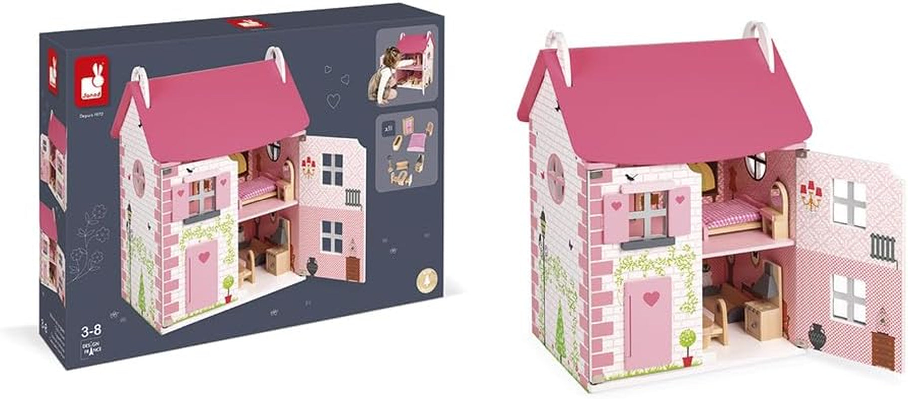 Janod - Casa de păpuși din lemn Mademoiselle, 3 etaje și cu 11 accesorii, replică de jucărie, dezvoltă imaginația, de la 3 ani, J06581, roz Casute de papusi Naty Shop