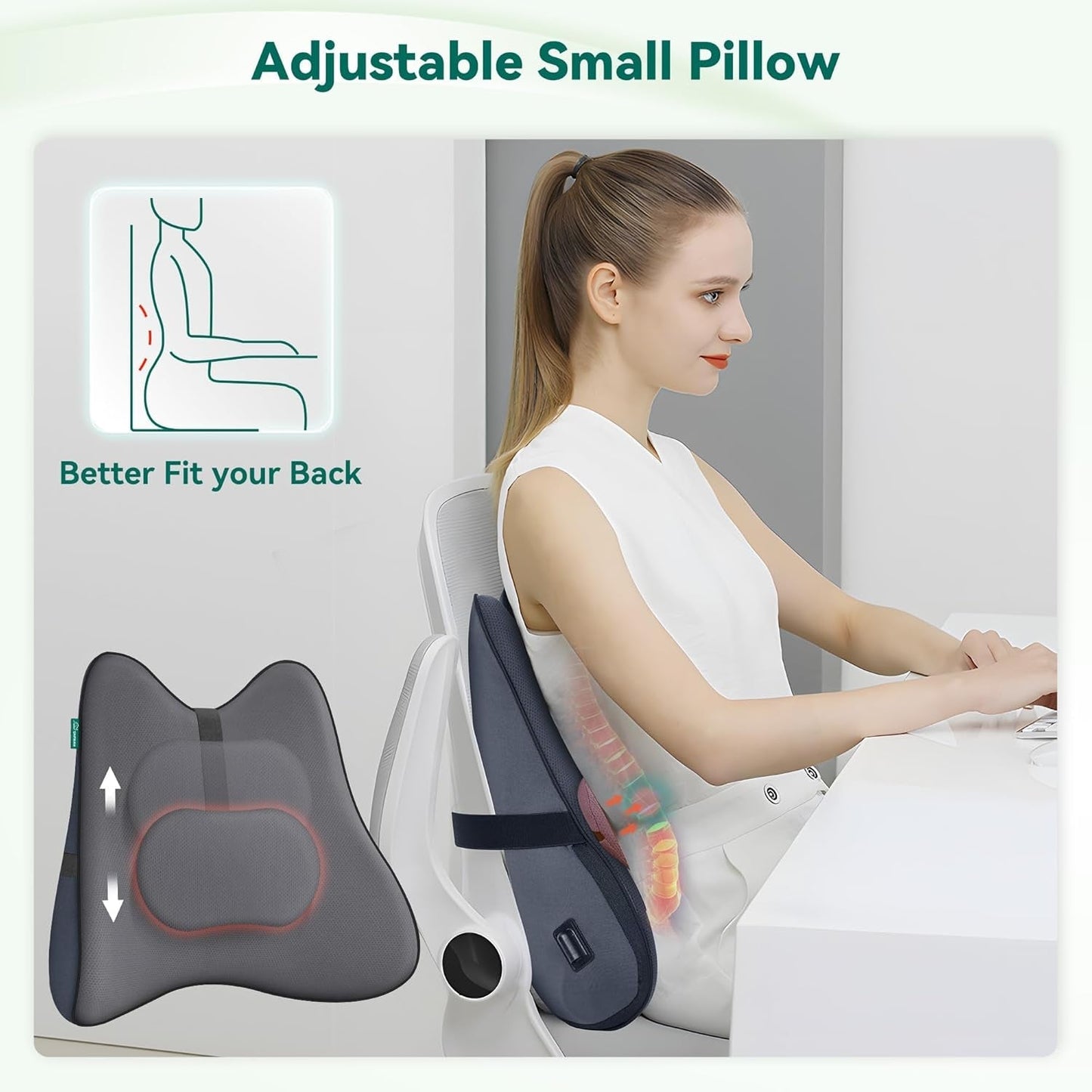 Pernă ergonomică Snailax pentru suport lombar cu masaj și căldură, pernă pentru spate Shiatsu din spumă cu memorie, pernă pentru șezut cu 3 intensități de masaj | 2 niveluri de căldură | 3 temporizatoare | postură confortabilă în șezut