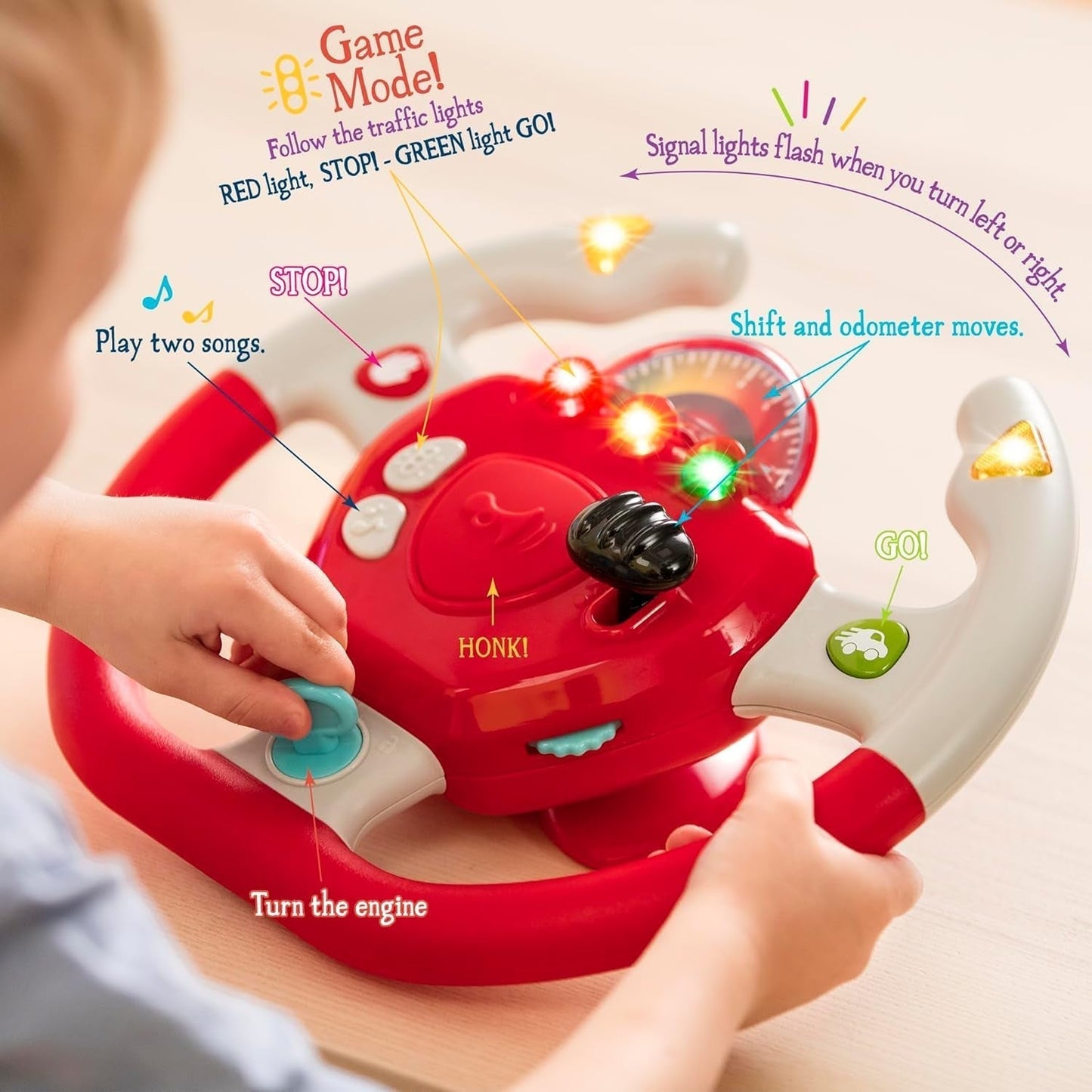 Battat plastic, BT2525Z Jucărie interactivă cu volan, de asemenea, pentru călătorii și călătorii cu mașina, cu lumini și sunete pentru copii cu vârsta de 2 ani și peste, roșu, compatibil cu mașinile Jucarii Bebe Naty Shop