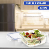 Max Home Pachet 8 recipiente etanșe din sticlă, cutie de prânz din sticlă pentru microunde, recipiente resigilabile pentru alimente, 550 mililitri, capace transparente, recipiente pentru alimente (16538) Cutii depozitare alimente Naty Shop