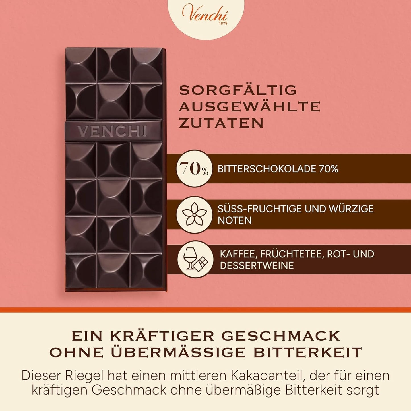 Venchi - Ciocolată neagră 70%, 78 g - Cu amestecuri de cacao selectate - Fără gluten - Vegan