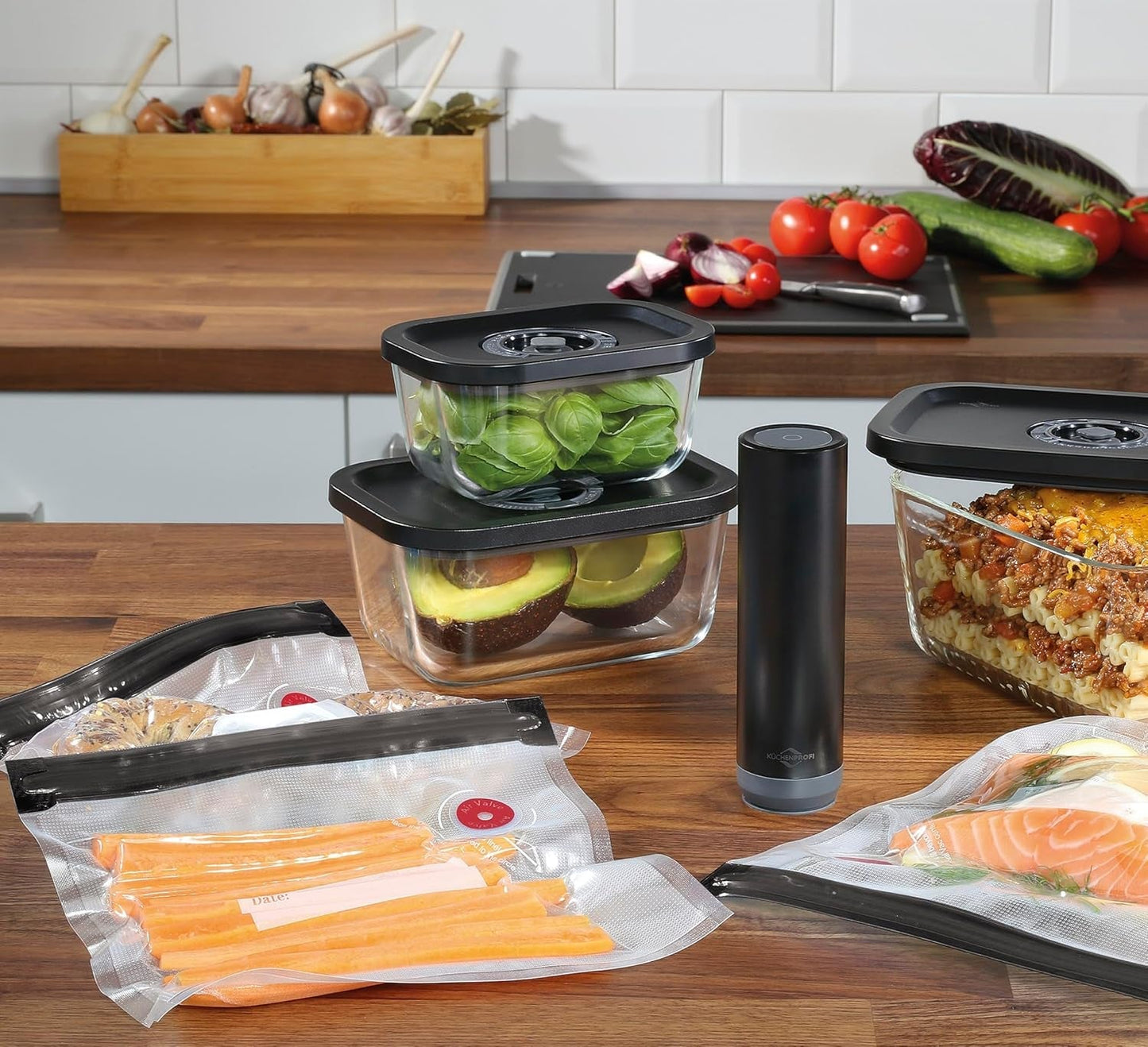 Set de vid Küchenprofi EASYFRESH | Set din 7 piese | 1x pompă electrică de vid, 1x borcan de vid S, M și L, 3x pungi de vid 22x21 cm | sticlă borosilicată, plastic de înaltă calitate | preparare și depozitare Cutii depozitare alimente Naty Shop