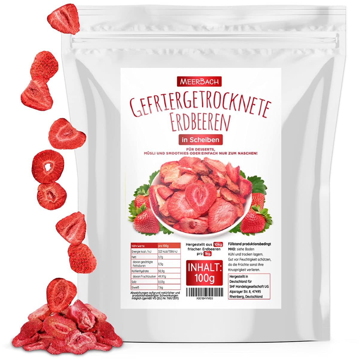 Căpșuni liofilizate, 100g fructe liofilizate în felii, neîndulcite, chipsuri cu căpșuni fructate, căpșuni uscate Produse deshidratate Naty Shop 100 G (1 pachet)