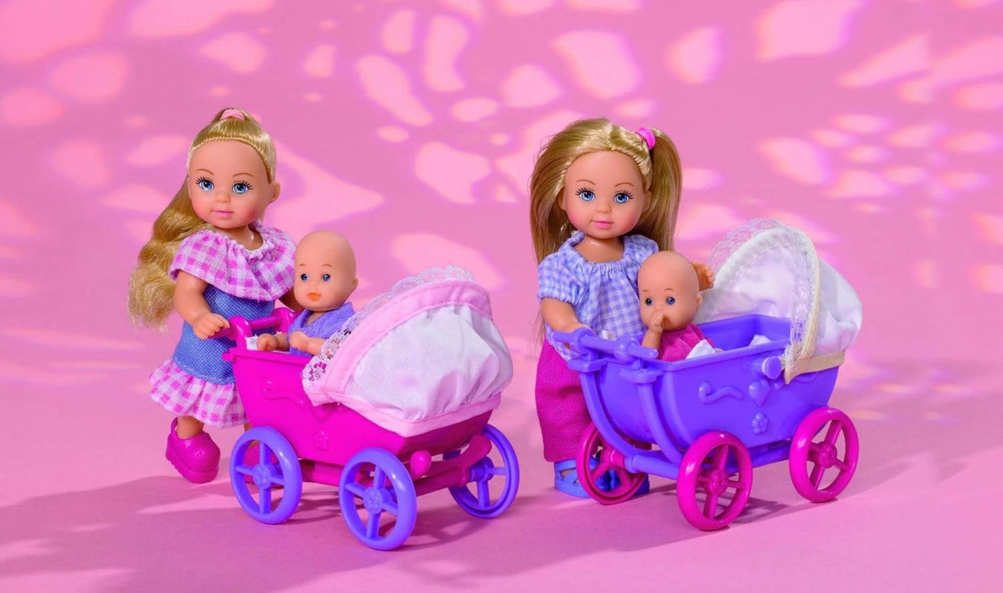 Simba 105736241 - Păpușa Evi Love Walk, 2 asortate, păpușă Evi cu păpușă bebeluș, cu cărucior pentru păpușă, inclusiv accesorii, păpușă la modă, 12 cm, pentru copii cu vârsta de 3 ani și peste