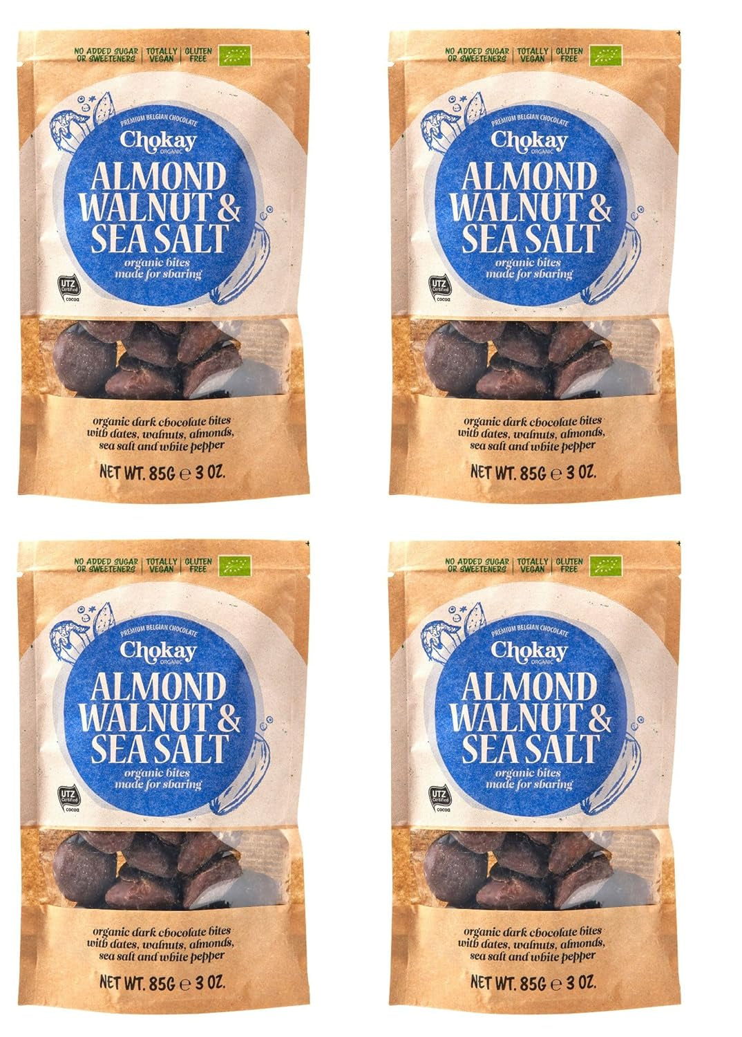 Set de 4 bucăți Organic Bites - Migdale cu scorțișoară/Migdale cu scorțișoară în ciocolată neagră belgiană/Fără zahăr adăugat, fără îndulcitori/VEGAN ȘI COMERȚ ECHITABIL / 4 x 85g
