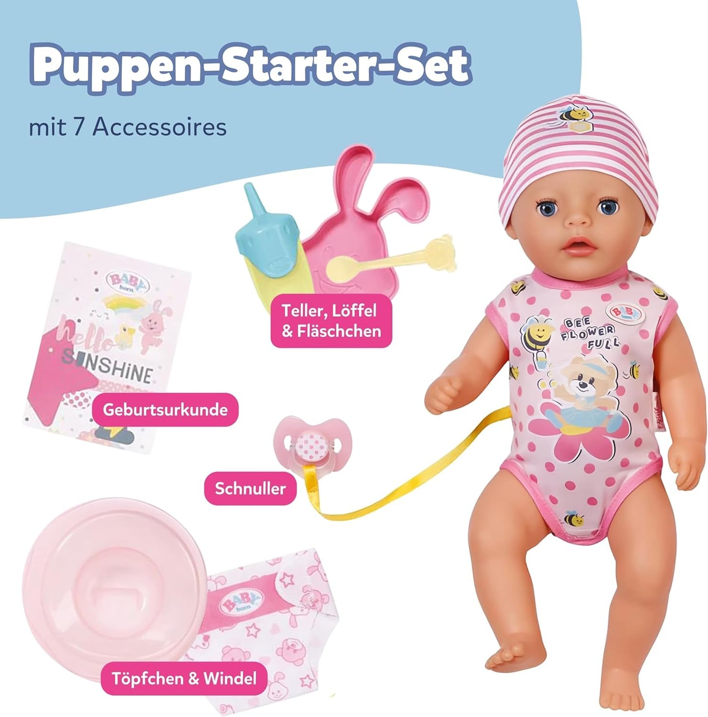BABY Born Lena (Fetiță) - păpușă bebeluș 36 cm - 7 funcții, inclusiv accesorii și saltea - Funcționează complet fără baterii - Potrivită pentru copii mici de la 1 an