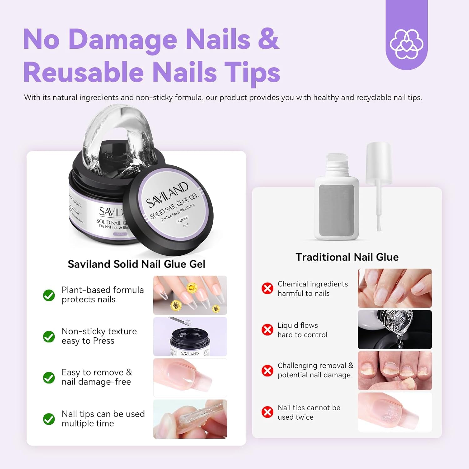 Saviland Lipici solid pentru unghii pentru vârfuri: 2 bucăți 15G lipici pentru unghii artificiale lipici extra puternic gel de presare pe unghii adeziv UV gel lipici pentru unghii pentru femei salon de acasă DIY lampă UV/LED întărită