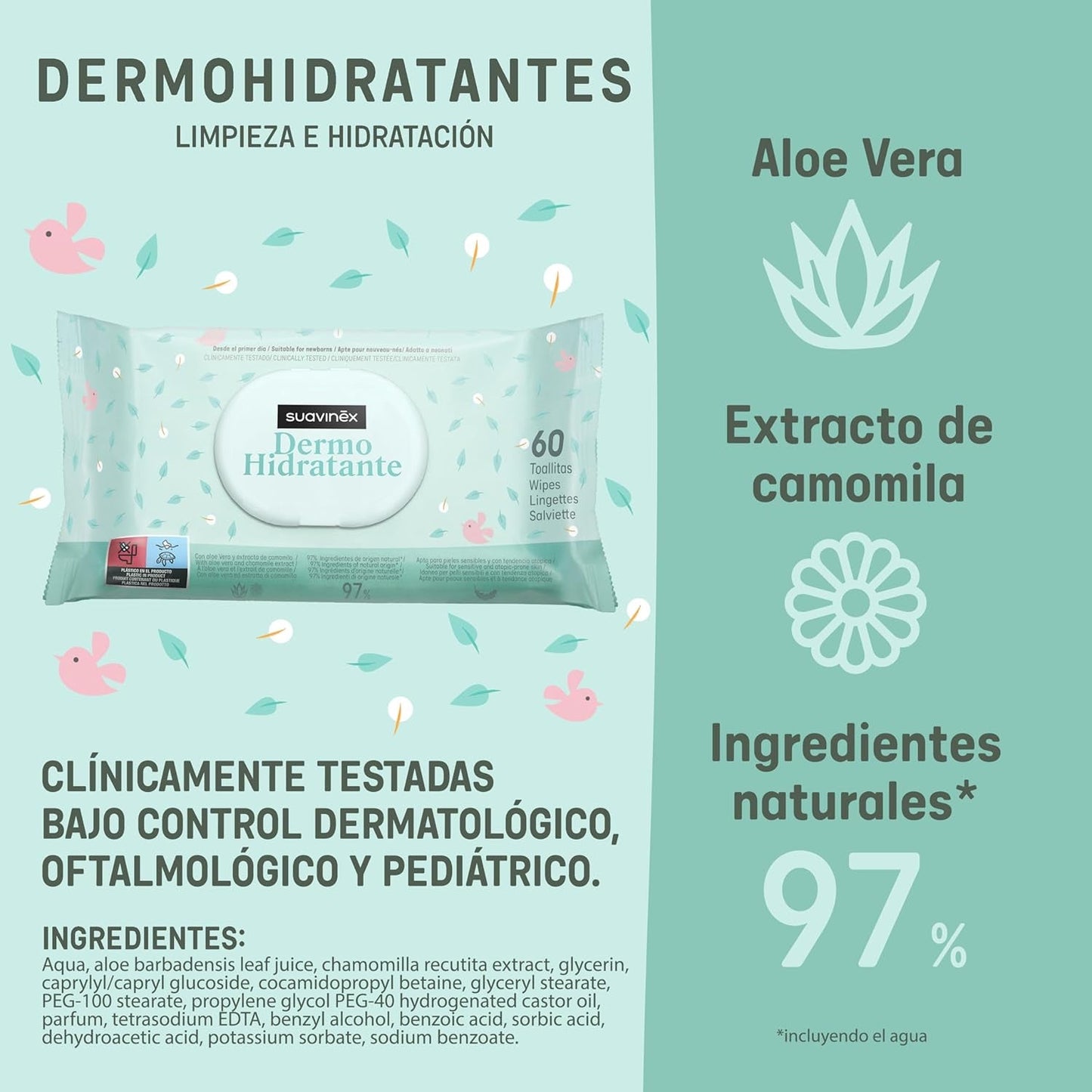 Suavinex, pachet de 14 a câte 60 de șervețele umede pentru bebeluși (840 de șervețele în total), hidratante, potrivite pentru tenul atopic, 95% ingrediente naturale