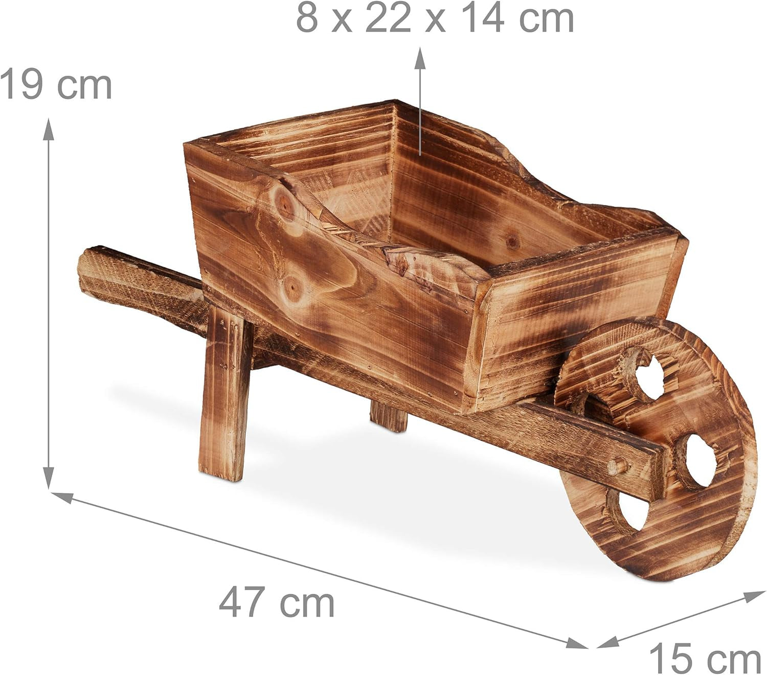 Roabă de plantat Relaxdays, lemn ars, decorațiune de grădină, design vintage, pentru plantare, ÎxLxA: 19 x 47 x 15 cm, naturală