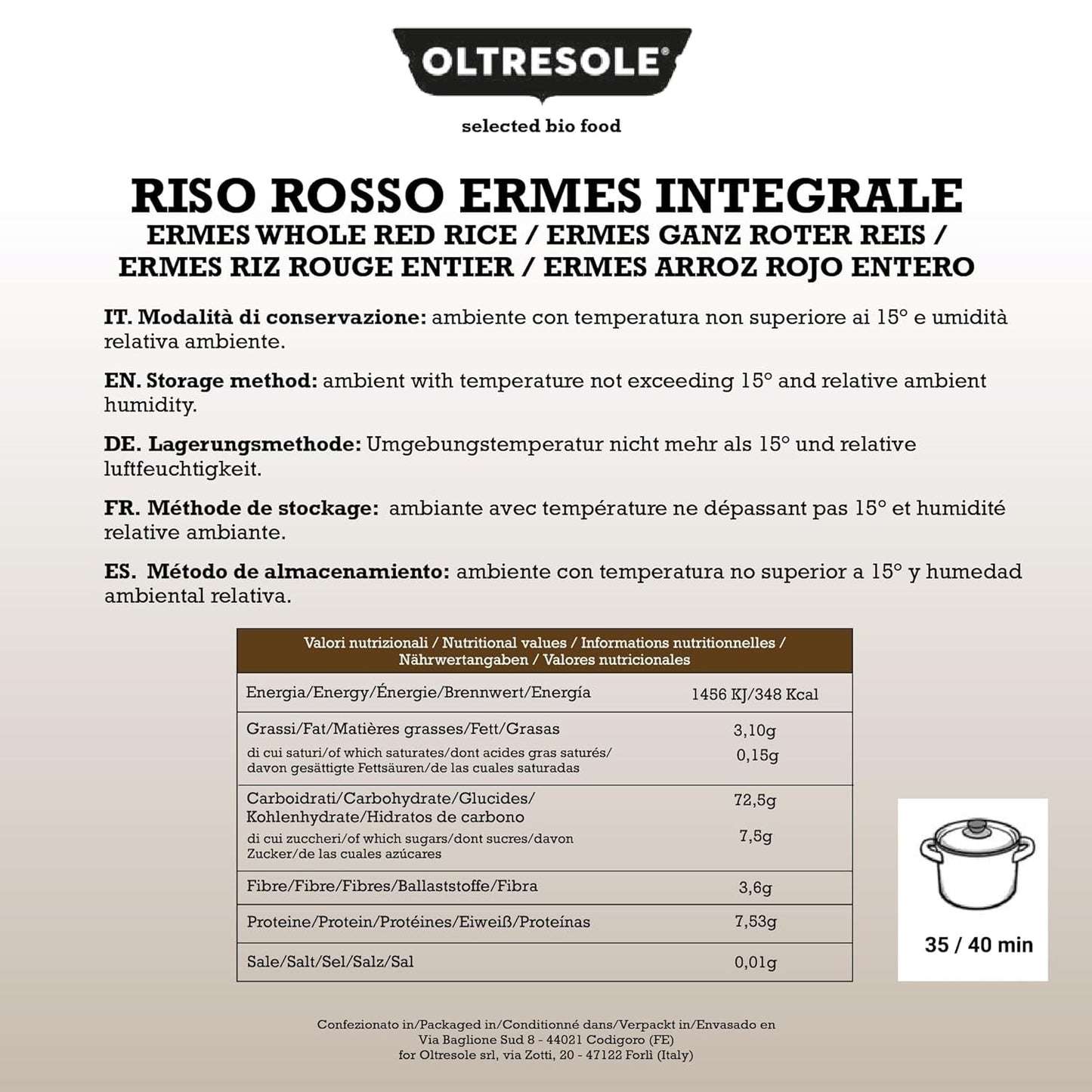 Orez integral italian, orez nerafinat cu conținut ridicat de fibre, ideal pentru salate creative de orez și mâncăruri sănătoase, ambalat în vid, 4 pachete x 500g