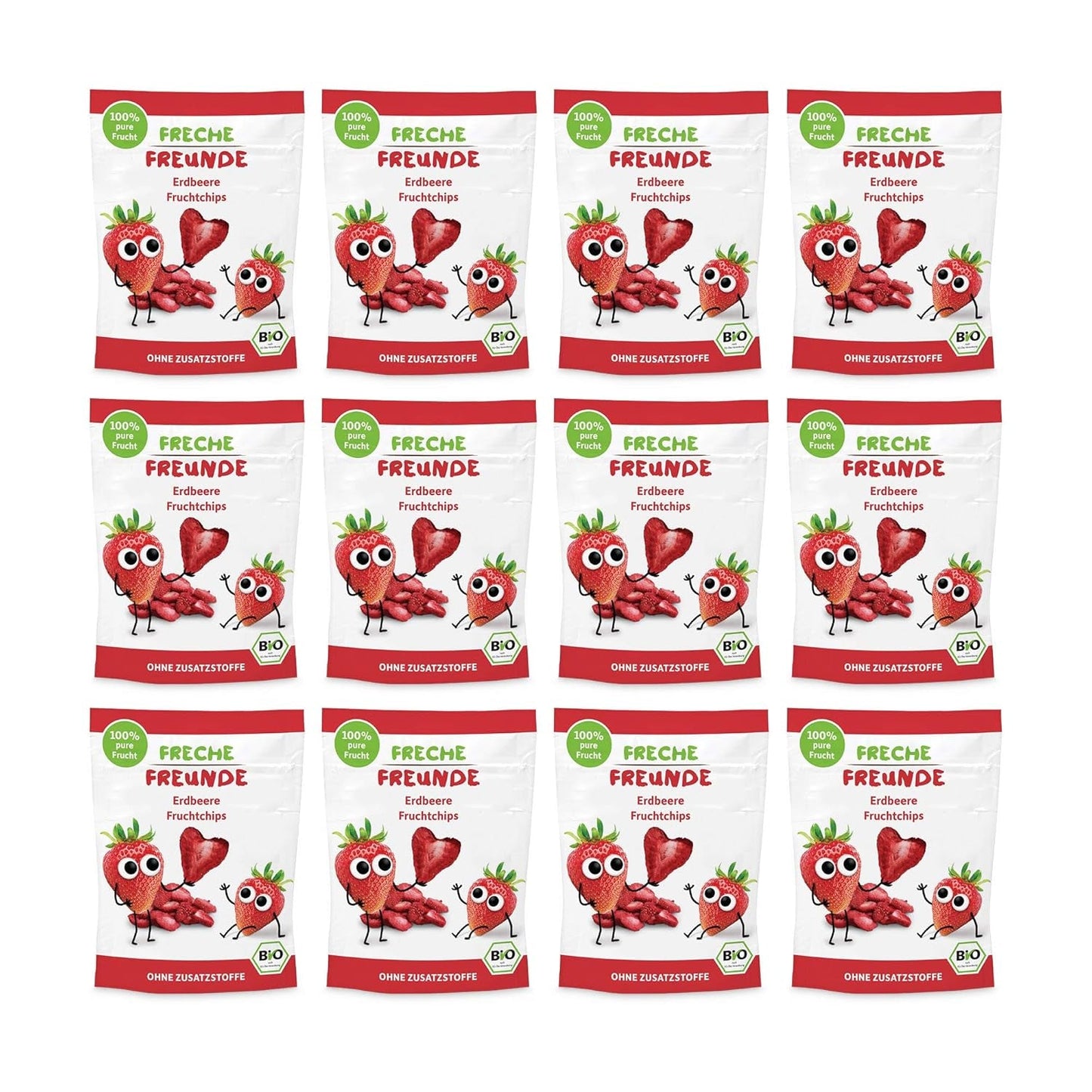 Chipsuri de fructe organice „100% căpșuni”, chipsuri de fructe cu căpșuni liofilizate (12 x 12 g) și noi flip-uri crocante organice cu porumb și morcov, gustare organică, de la 1 an, (9 x 30 g) 270 g