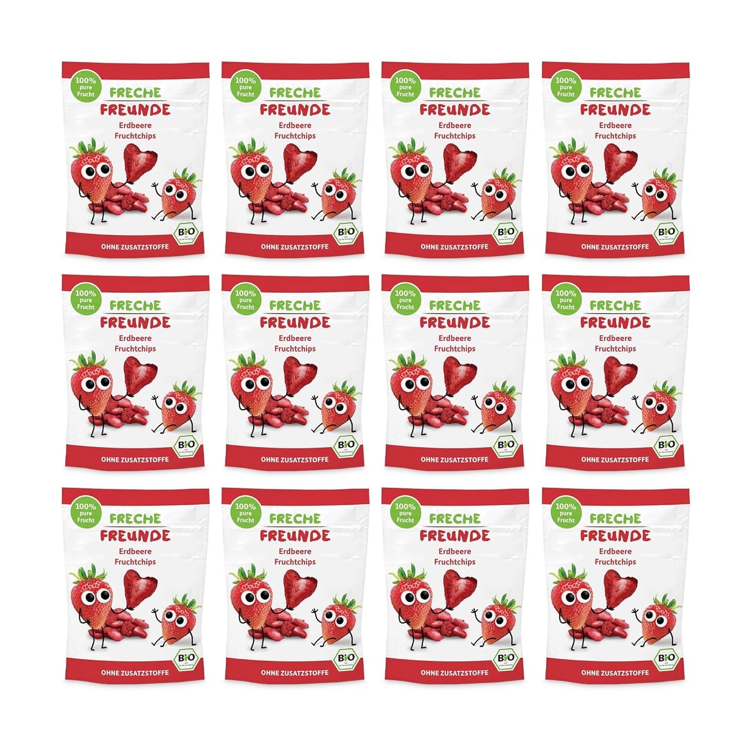 Chipsuri de fructe organice „100% căpșuni”, chipsuri de fructe cu căpșuni liofilizate (12 x 12 g) și noi flip-uri crocante organice cu porumb și morcov, gustare organică, de la 1 an, (9 x 30 g) 270 g