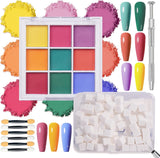 9 Farben Pigment Für Nägel, Nagelpulver Nail Powder 100 Stück Nail Art Schwamm Mit Metallgreifer, Ombre Glitzerpulver Nagelpuder Nailart Nagel Deko Für DIY Nageldesign, B