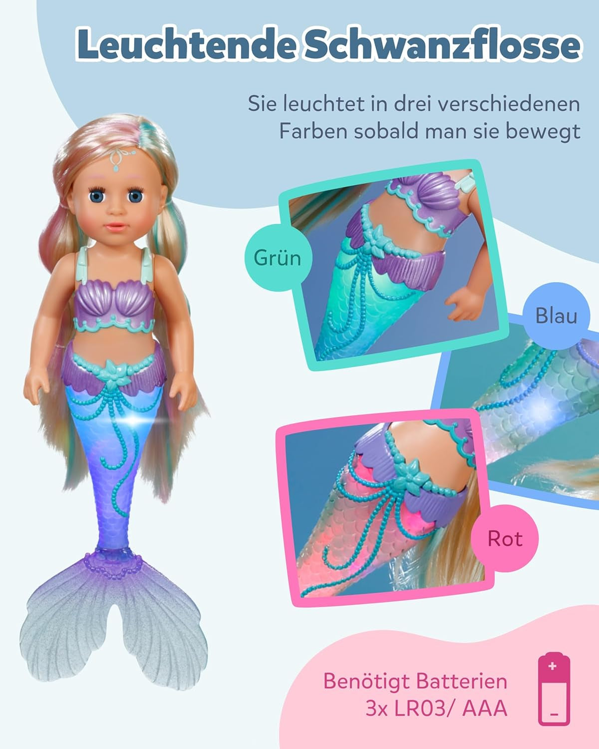 Păpușă BABY Born Mermaid - 43 cm - Păr de înaltă calitate cu șuvițe colorate - Aripioară coadă luminoasă - Funcționează cu baterii - Potrivită pentru copii cu vârsta de 3 ani și peste