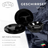 Set de veselă pentru 6 persoane - 18 piese - Set de farfurii din sticlă opal - Set de veselă neagră - Set de bol și farfurie - Veselă modernă - Farfurii - Serviciu de masă - Set de veselă pentru 6 persoane