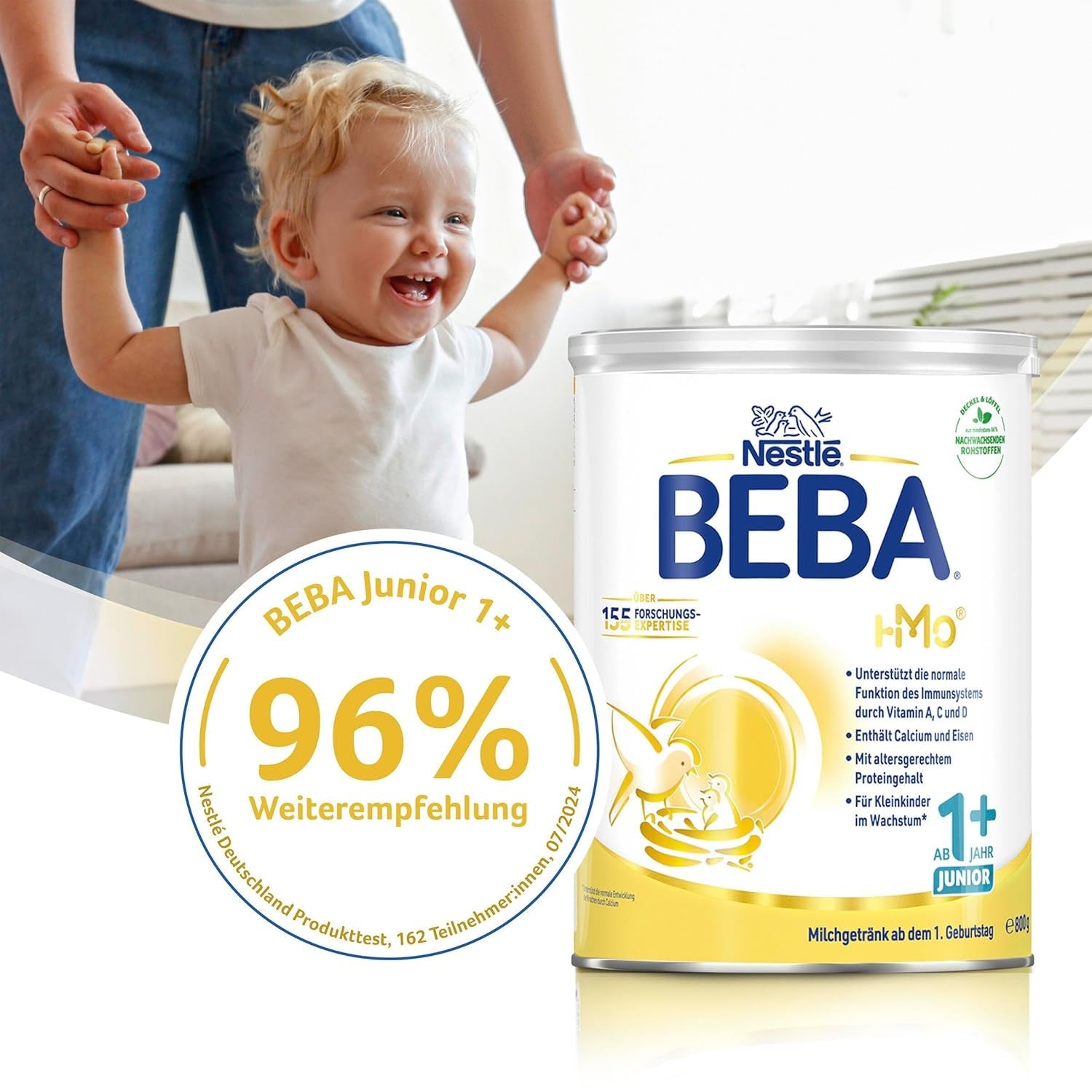 Băutură cu lapte BEBA Junior 1+ de la 1 an, Cu HMO, Conținut de proteine adaptat vârstei, Numai lactoză, Fără ulei de palmier, Fără ulei de pește, Hrană pentru copii mici, Lapte praf pentru bebeluși, Pachet de 3 (3 x 800g)
