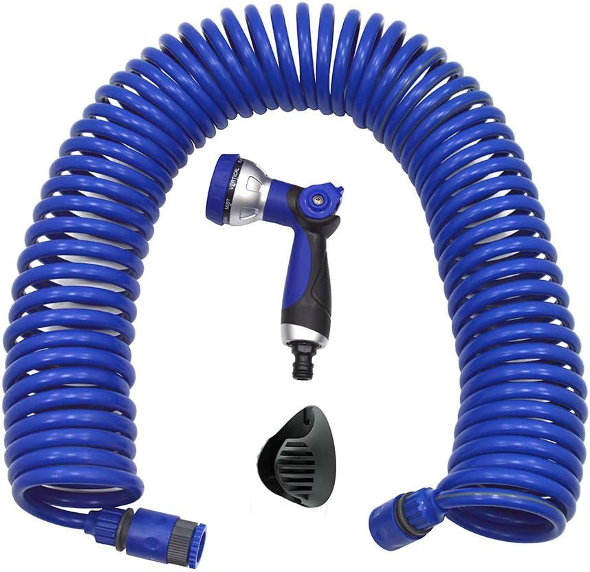 590078 – Set furtun spiralat, albastru, 15 metri (diametru 9 mm) + pistol multifuncțional cu 8 duze + filet interior automat cu adaptor ¾-½ + 2 conectori rapizi + suport de agățare