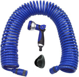 590078 – Set furtun spiralat, albastru, 15 metri (diametru 9 mm) + pistol multifuncțional cu 8 duze + filet interior automat cu adaptor ¾-½ + 2 conectori rapizi + suport de agățare